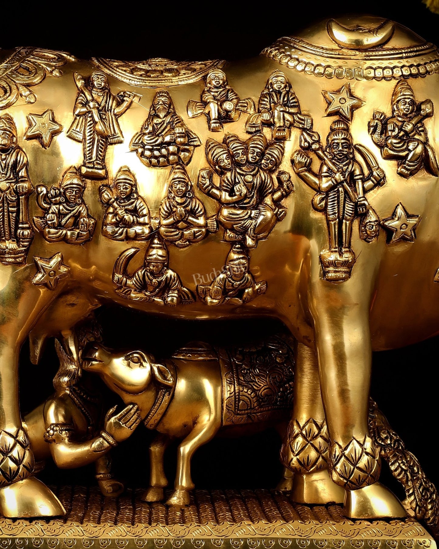 Brass Kamdhenu Large Cow with Calf, bal gopal and engraved deities 20" - Budhshiv.com