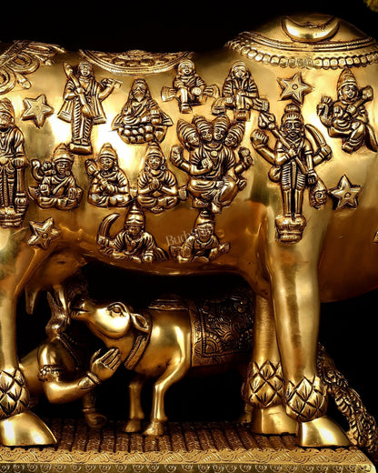 Brass Kamdhenu Large Cow with Calf, bal gopal and engraved deities 20" - Budhshiv.com