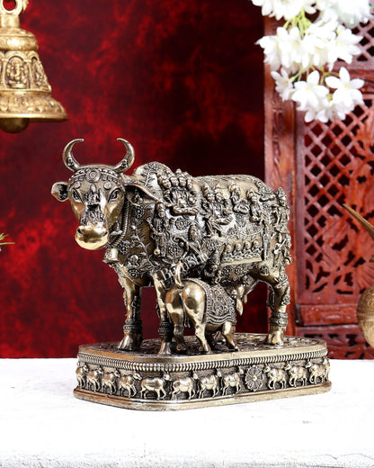 Brass Kamdhenu with Calf – All Gods Engraved Divine Idol 8 inch - Budhshiv.com