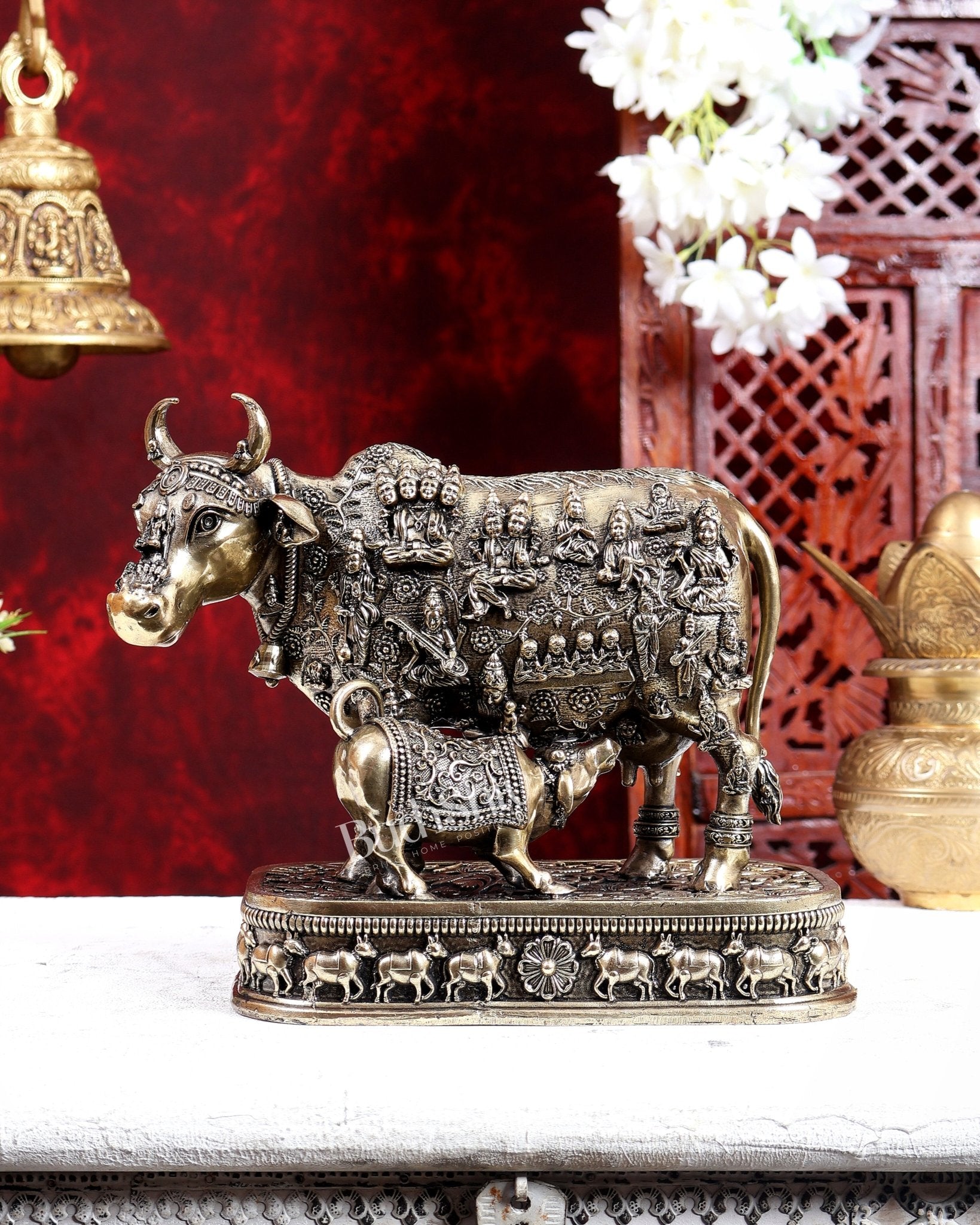 Brass Kamdhenu with Calf – All Gods Engraved Divine Idol 8 inch - Budhshiv.com