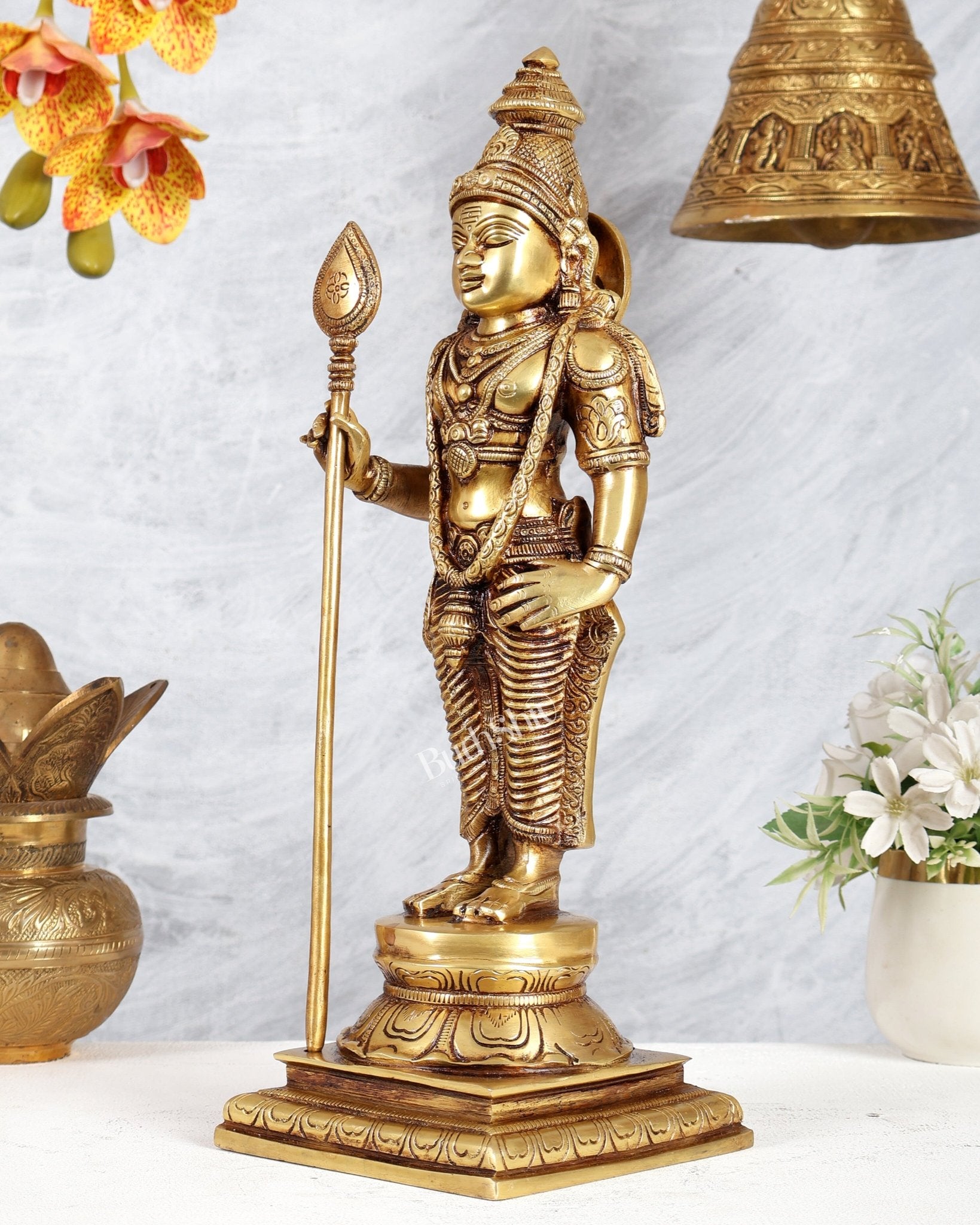 Brass Kartikeya Murugan Swamy Standing Statue – Superfine Divine Sculpture (15 Inches) - Budhshiv.com