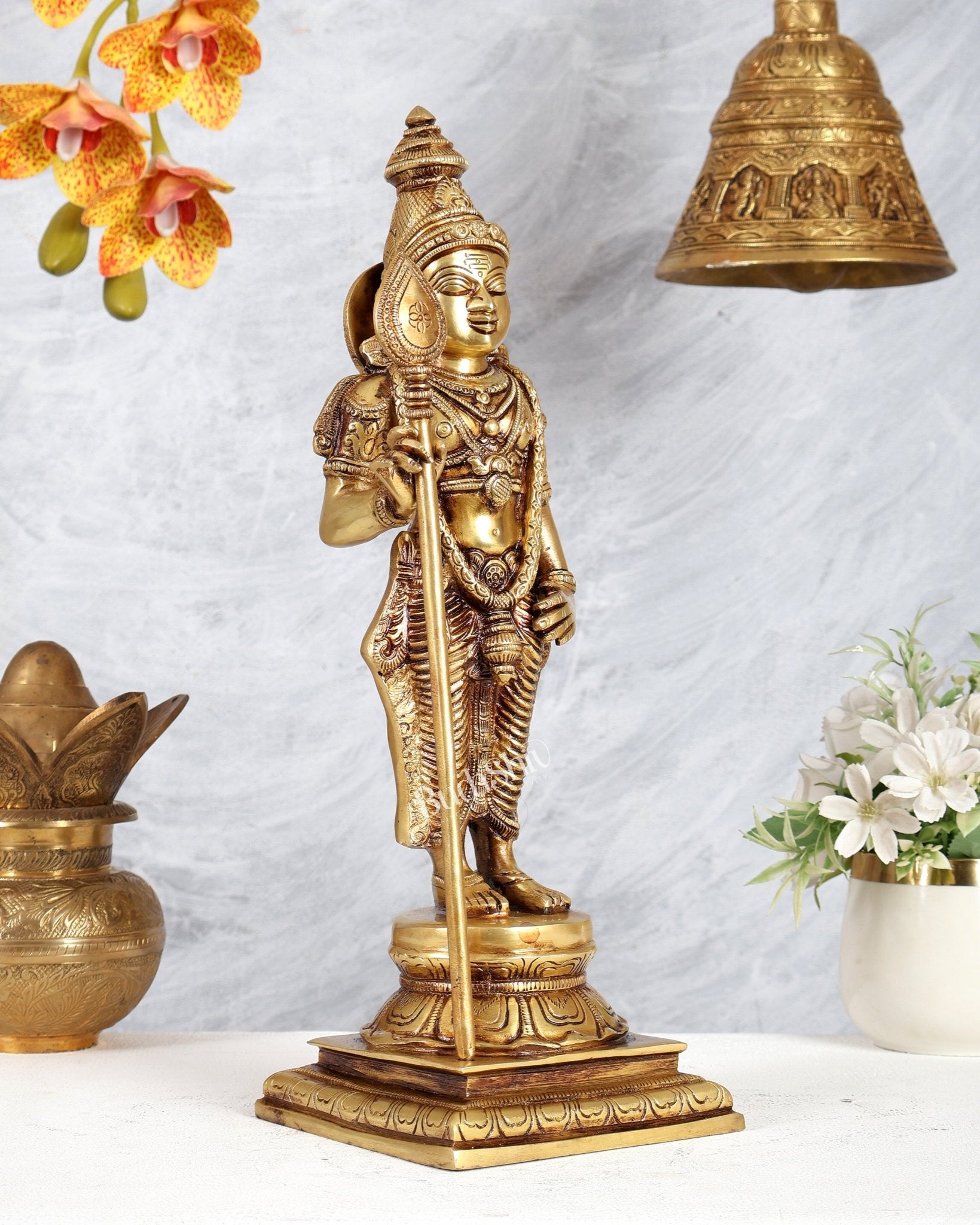 Brass Kartikeya Murugan Swamy Standing Statue – Superfine Divine Sculpture (15 Inches) - Budhshiv.com