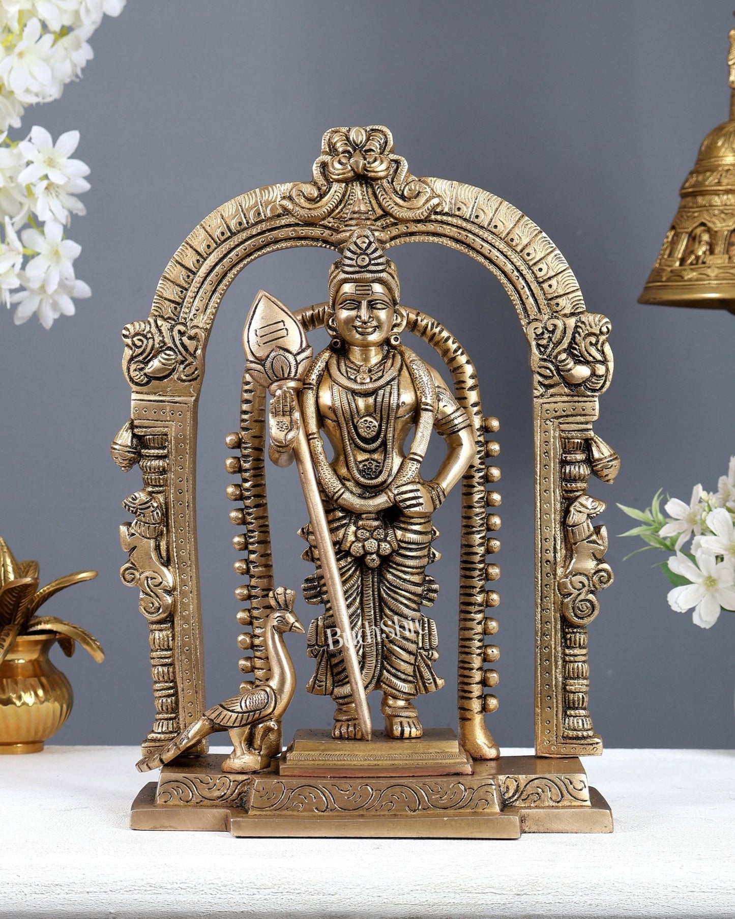Brass Kartikeya Murugan Swamy Statue with Prabhavali – Divine Temple Idol (13 Inches) - Budhshiv.com