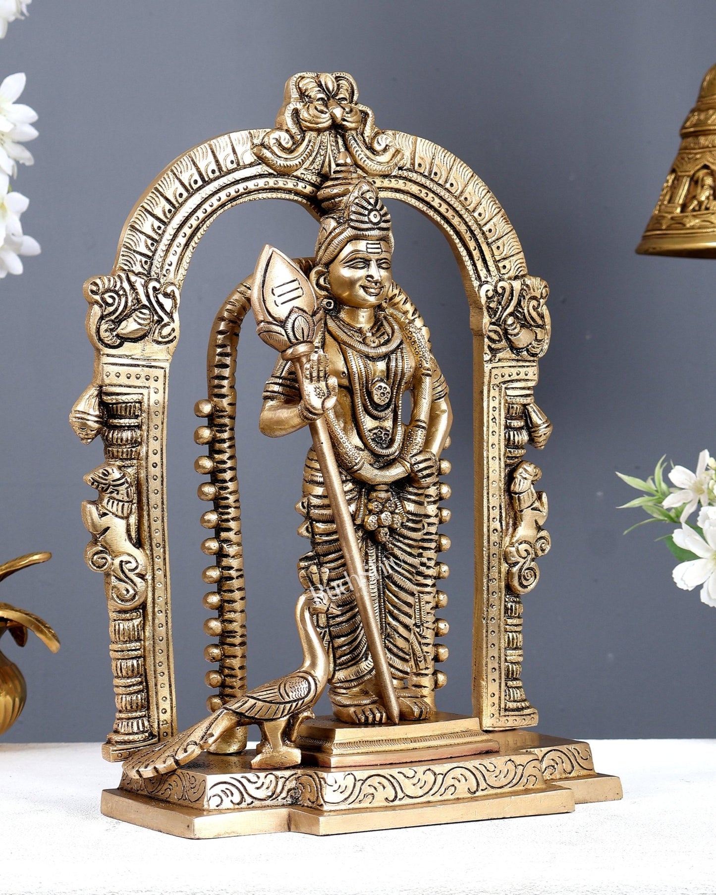 Brass Kartikeya Murugan Swamy Statue with Prabhavali – Divine Temple Idol (13 Inches) - Budhshiv.com