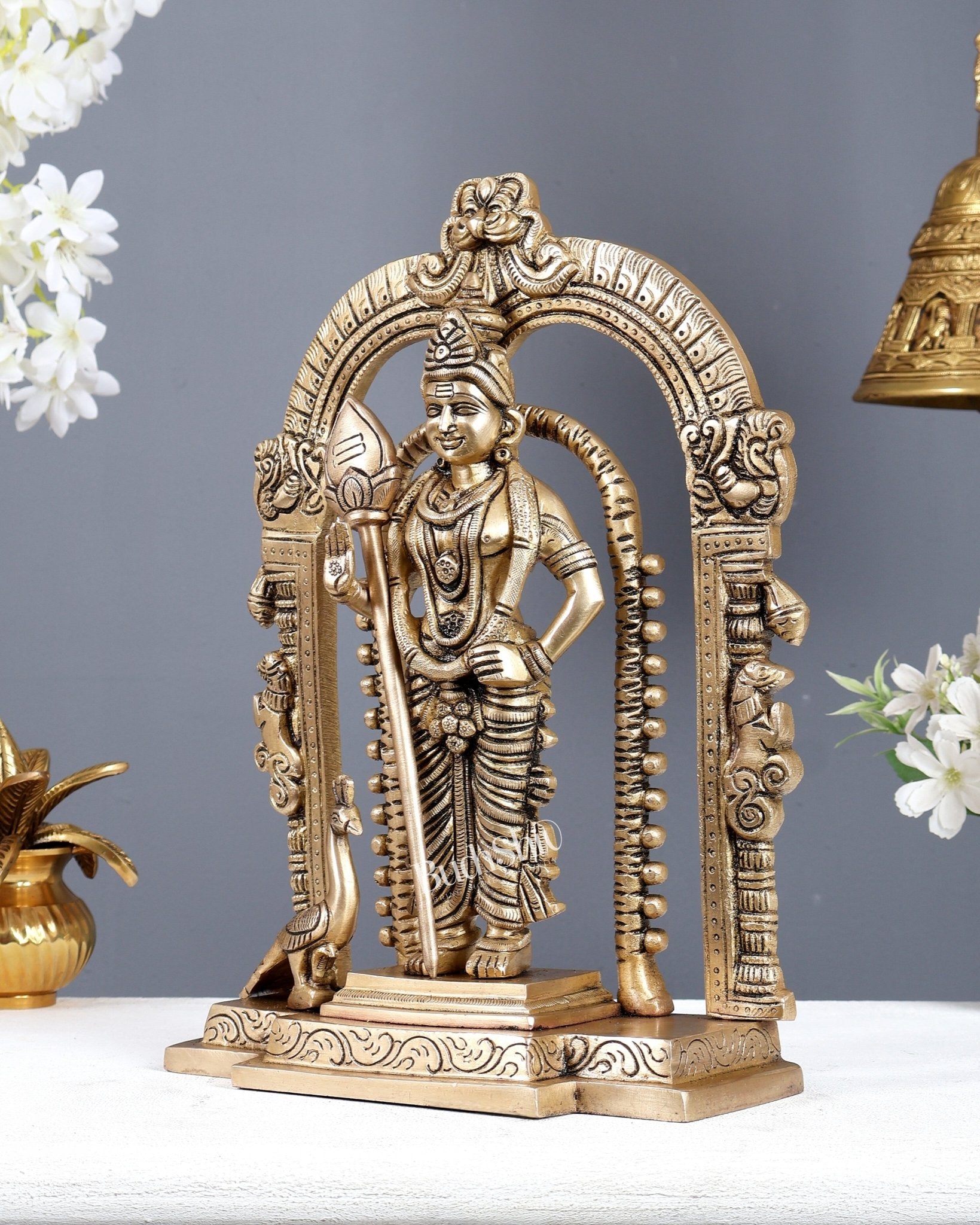 Brass Kartikeya Murugan Swamy Statue with Prabhavali – Divine Temple Idol (13 Inches) - Budhshiv.com
