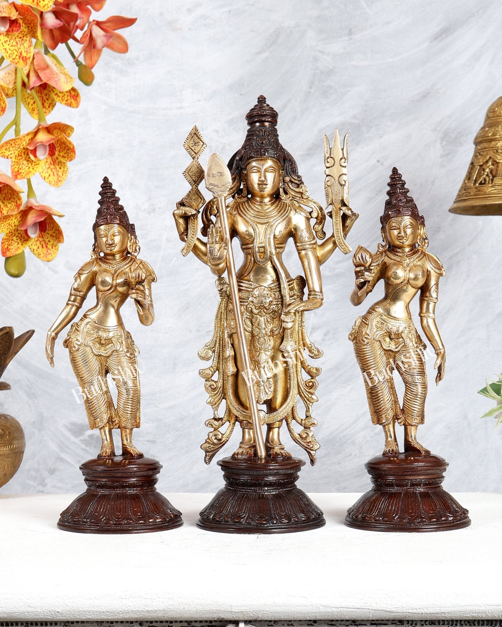 Brass Kartikeya Murugan Swamy with Valli & Devasena Idol – Divine Family Sculpture (13 Inches) - Budhshiv.com