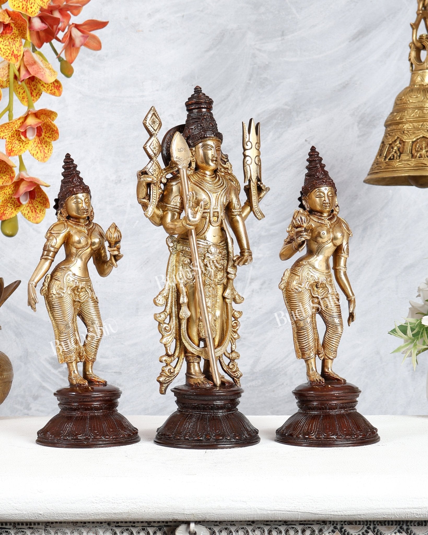 Brass Kartikeya Murugan Swamy with Valli & Devasena Idol – Divine Family Sculpture (13 Inches) - Budhshiv.com