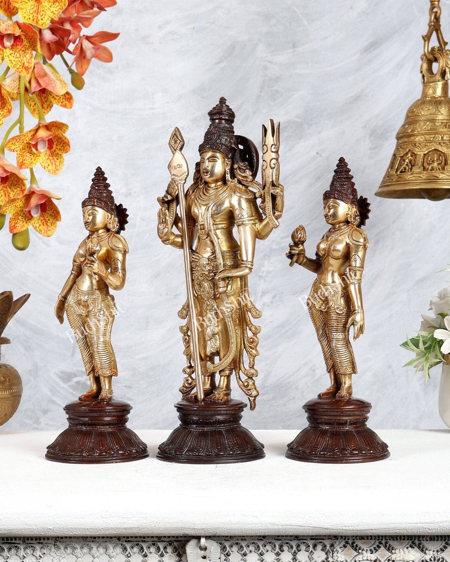 Brass Kartikeya Murugan Swamy with Valli & Devasena Idol – Divine Family Sculpture (13 Inches) - Budhshiv.com