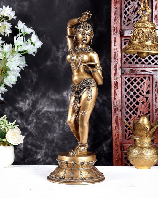 Brass Khajuraho-Inspired Apsara Sculpture Holding Mirror – Handcrafted Shringar Decorative Statue 20 inch - Budhshiv.com