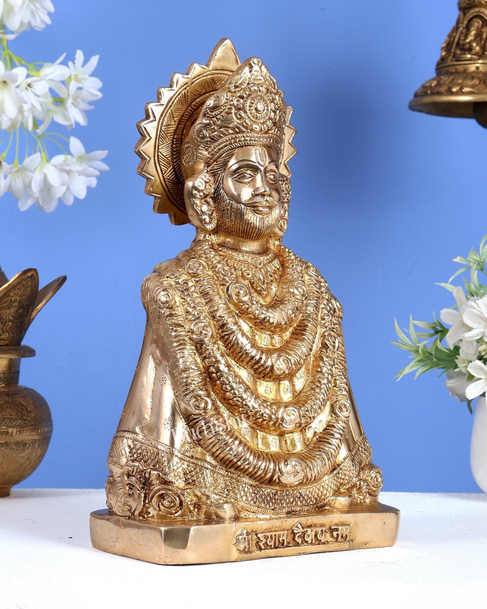 Brass Khatu Shyam Ji Statue with Shyam Devaya Namah Carvings – Divine Devotional Artefact 11 inch - Budhshiv.com