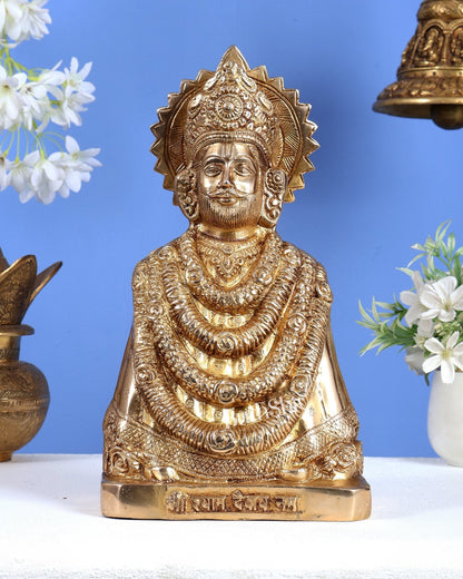 Brass Khatu Shyam Ji Statue with Shyam Devaya Namah Carvings – Divine Devotional Artefact 11 inch - Budhshiv.com
