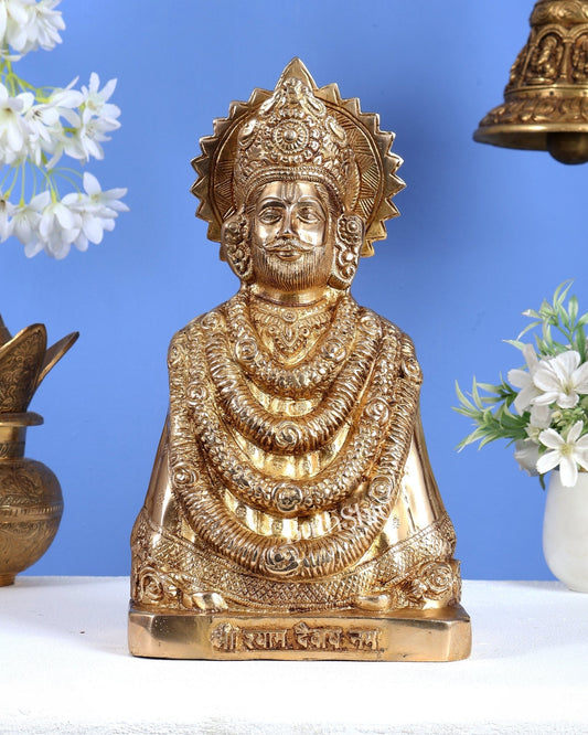 Brass Khatu Shyam Ji Statue with Shyam Devaya Namah Carvings – Divine Devotional Artefact 11 inch - Budhshiv.com