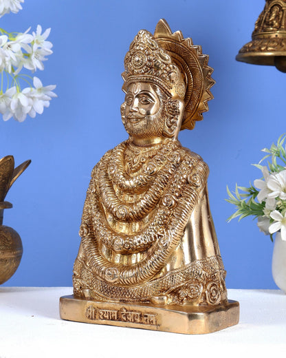Brass Khatu Shyam Ji Statue with Shyam Devaya Namah Carvings – Divine Devotional Artefact 11 inch - Budhshiv.com
