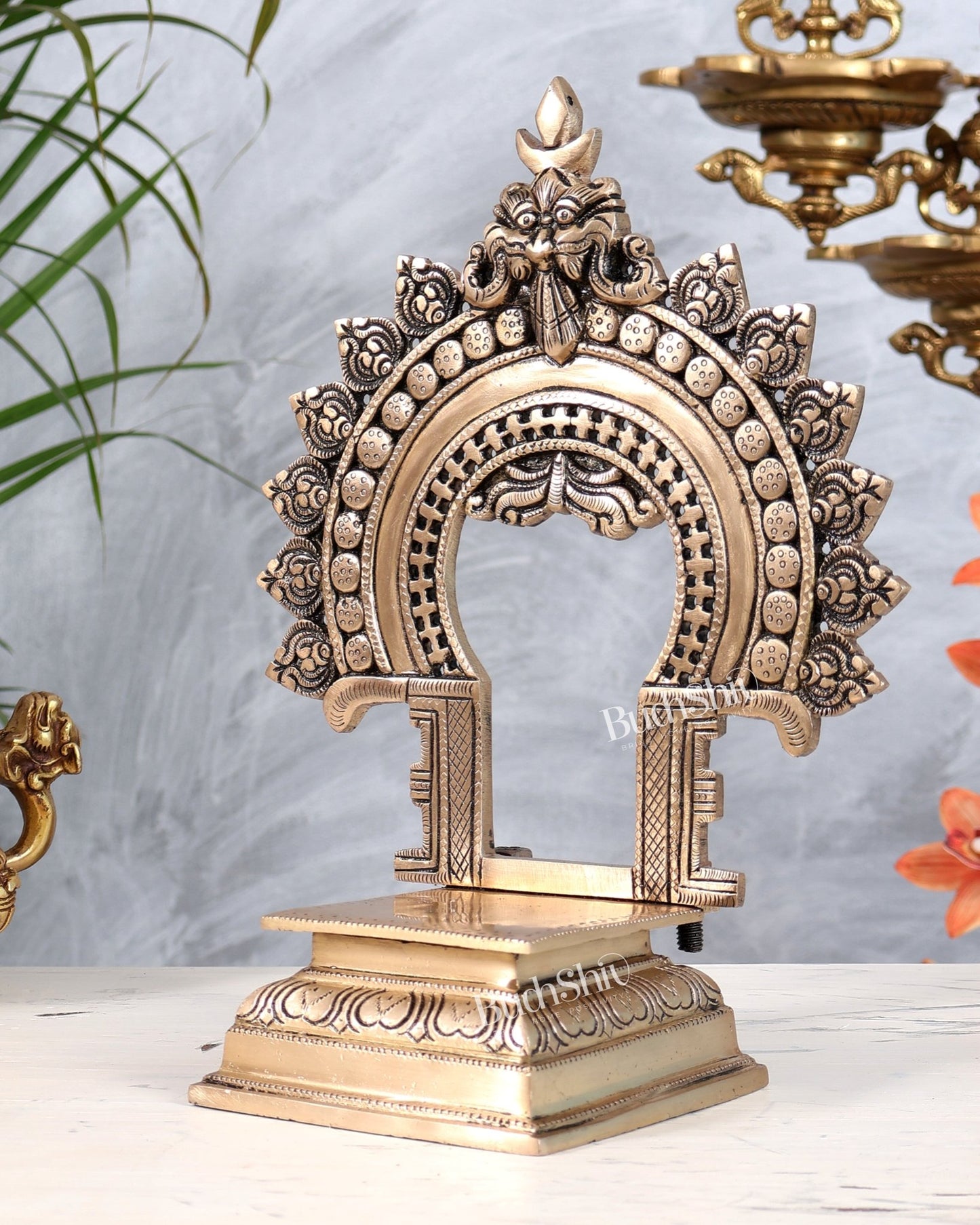 Brass Kirtimukha Singhasan Peetha Chowki | Temple Throne Platform for God Idols 11" - Budhshiv.com