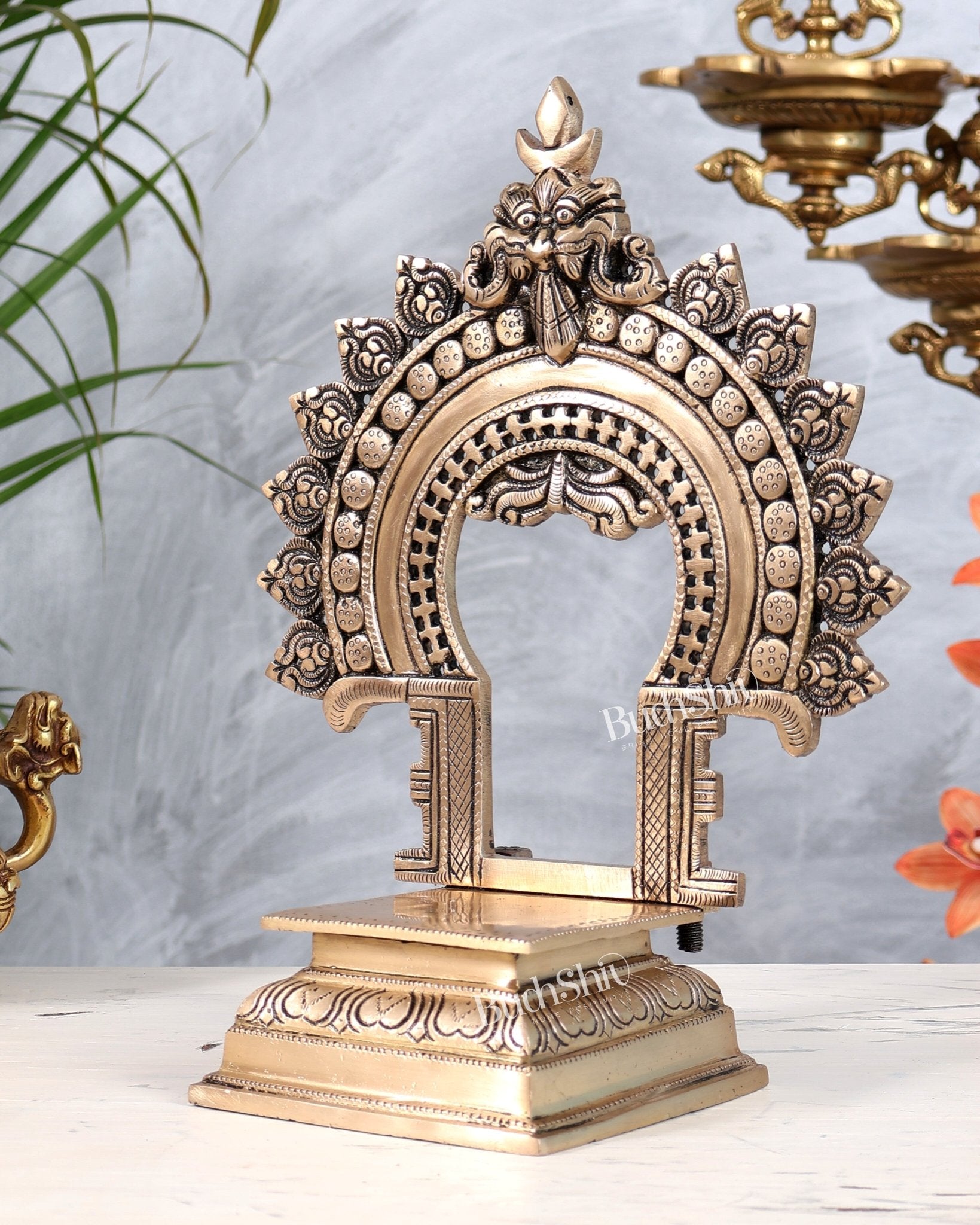Brass Kirtimukha Singhasan Peetha Chowki | Temple Throne Platform for God Idols 11" - Budhshiv.com