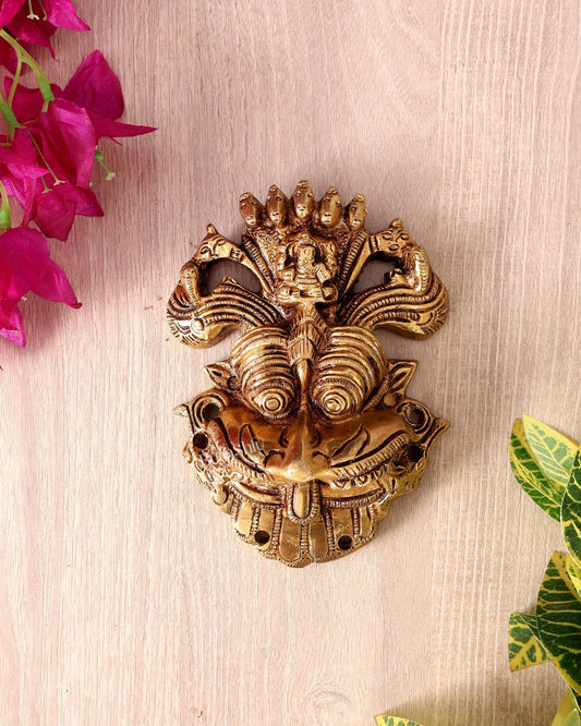 Brass Kirtimukha Yali Face Wall Hanging – Sacred Temple Guardian Décor (5.5 Inch, 800 GM) golden tone - Budhshiv.com