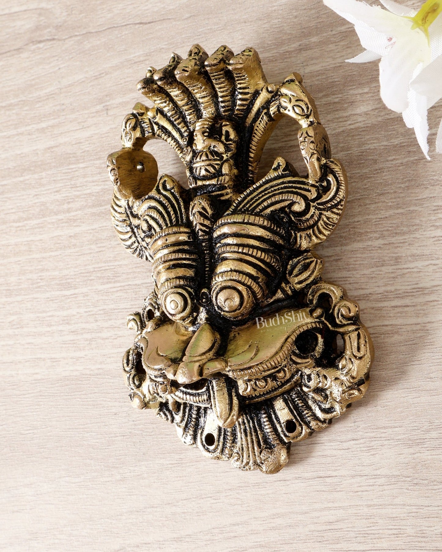 Brass Kirtimukha Yali Face Wall Hanging – Sacred Temple Guardian Décor (5.5 Inch, 800 GM) - Budhshiv.com