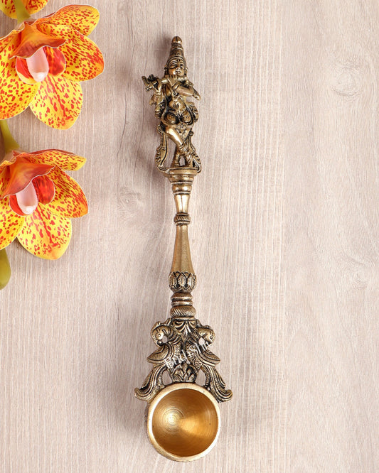 Brass Krishna Design Hawan Spoon – Sruva Yagya Offering Ladle for Pooja (9.5 Inches) - Budhshiv.com