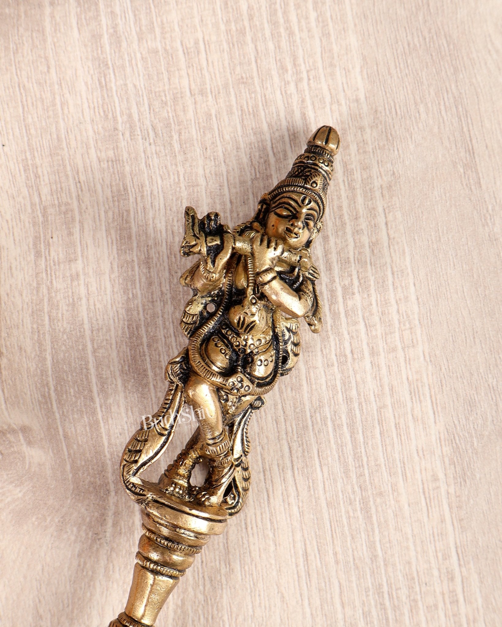 Brass Krishna Design Hawan Spoon – Sruva Yagya Offering Ladle for Pooja (9.5 Inches) - Budhshiv.com