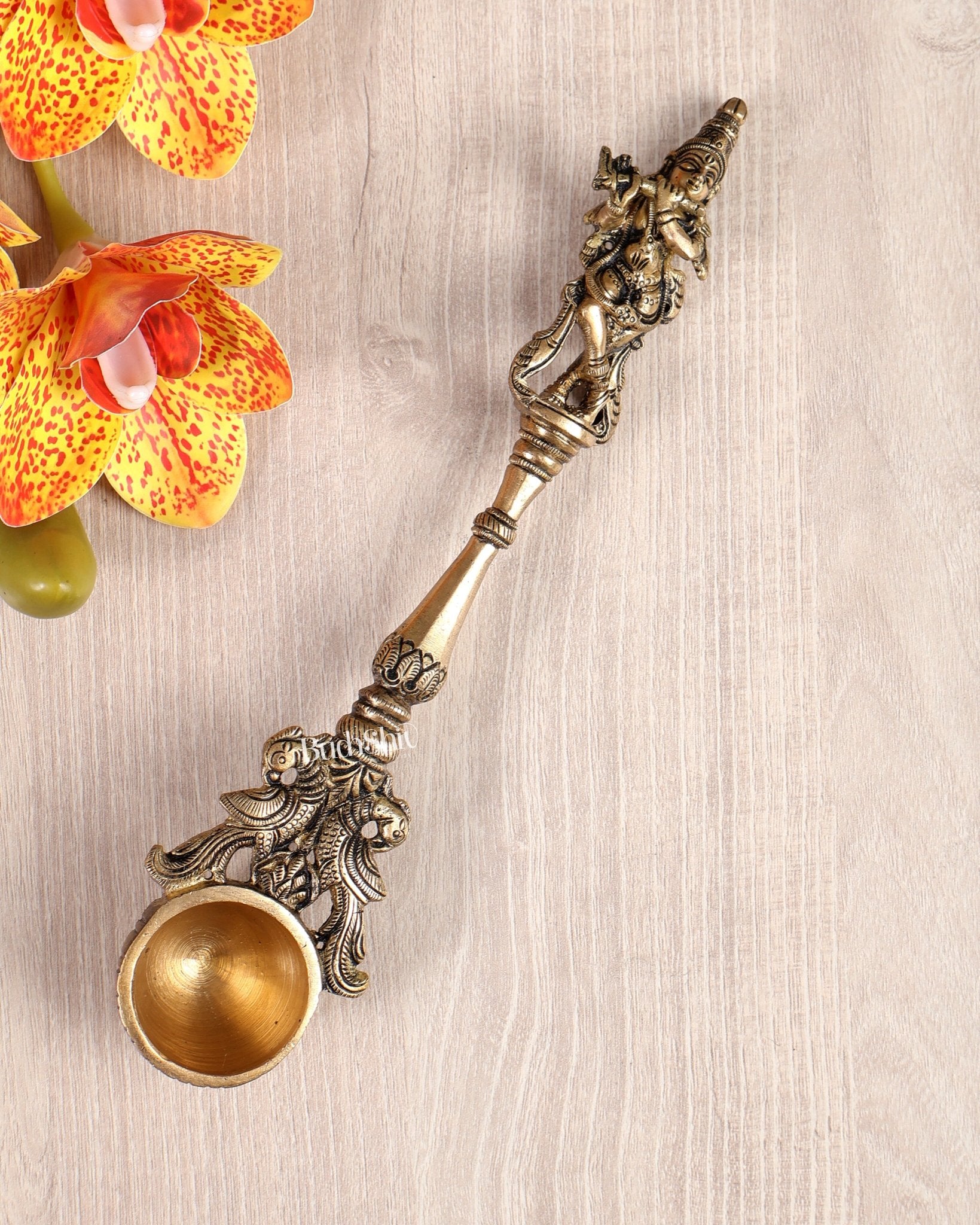 Brass Krishna Design Hawan Spoon – Sruva Yagya Offering Ladle for Pooj ...