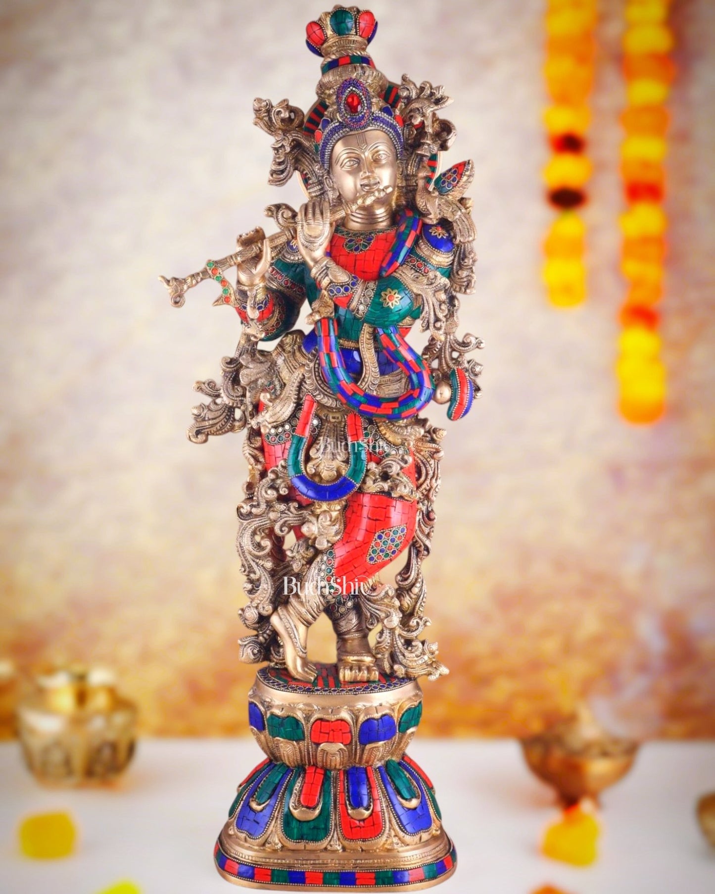 Brass Krishna Idol 30 inch meenakari Stonework - Budhshiv.com