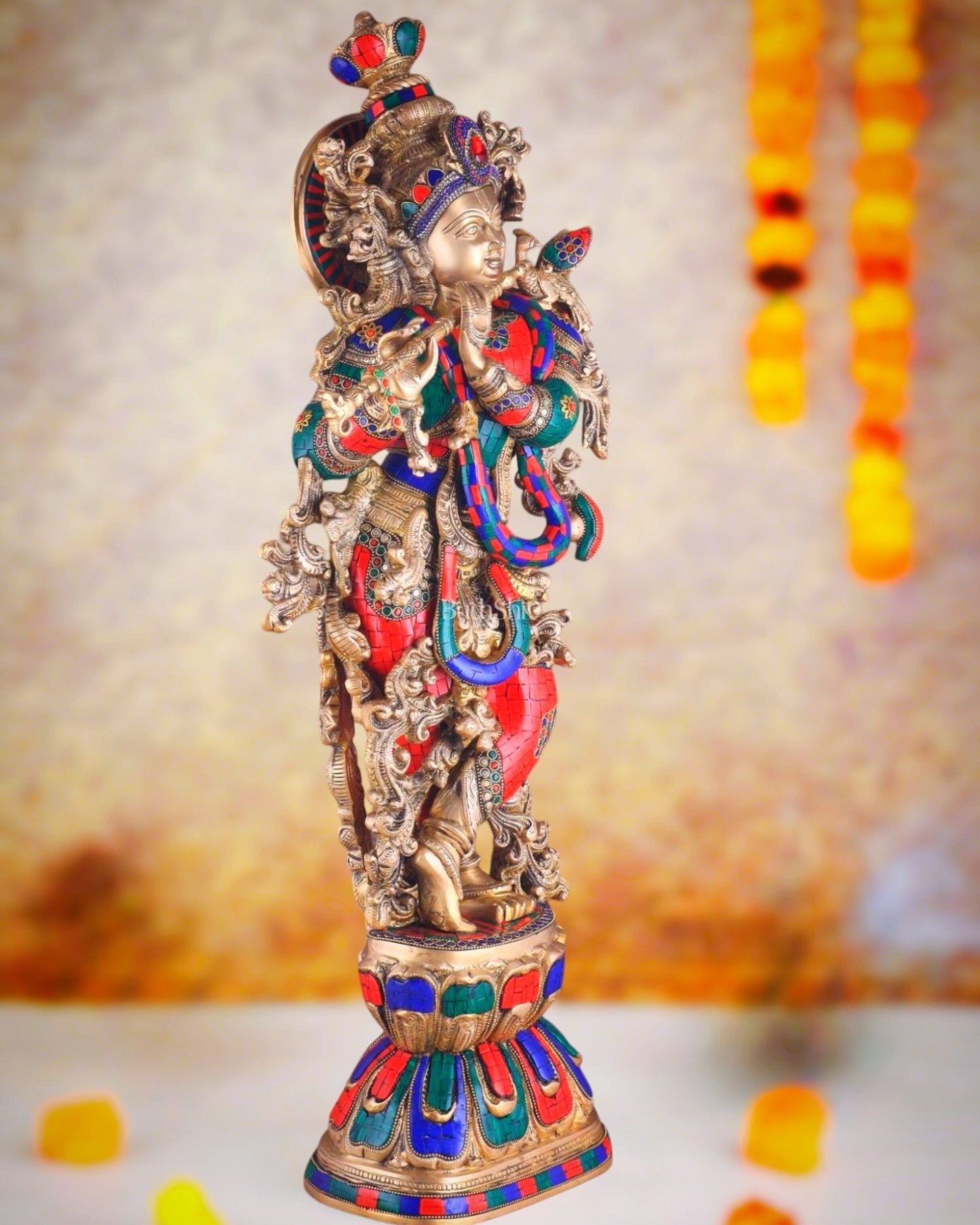 Brass Krishna Idol 30 inch meenakari Stonework - Budhshiv.com