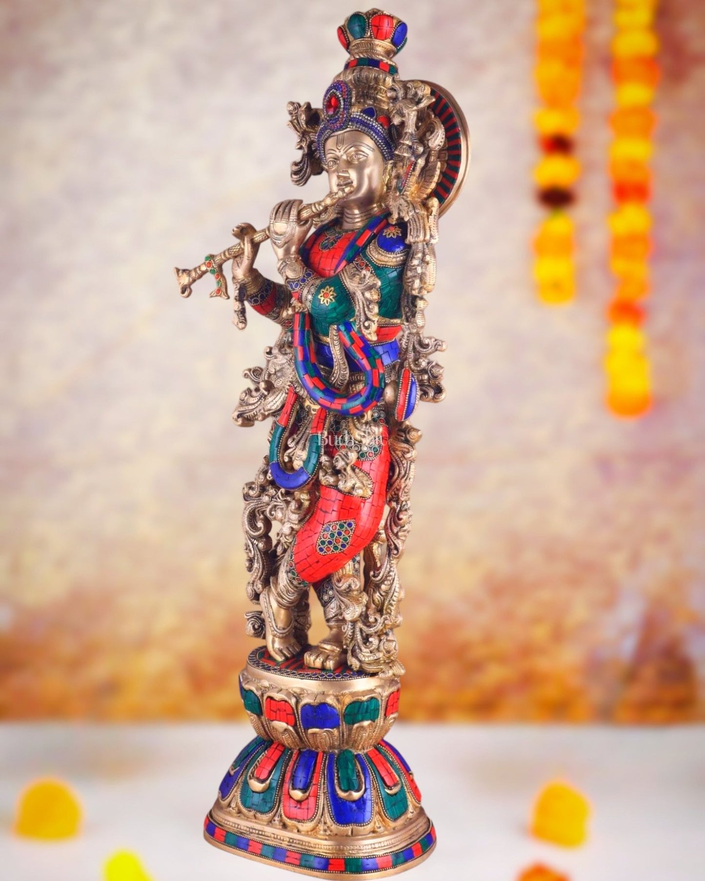 Brass Krishna Idol 30 inch meenakari Stonework - Budhshiv.com