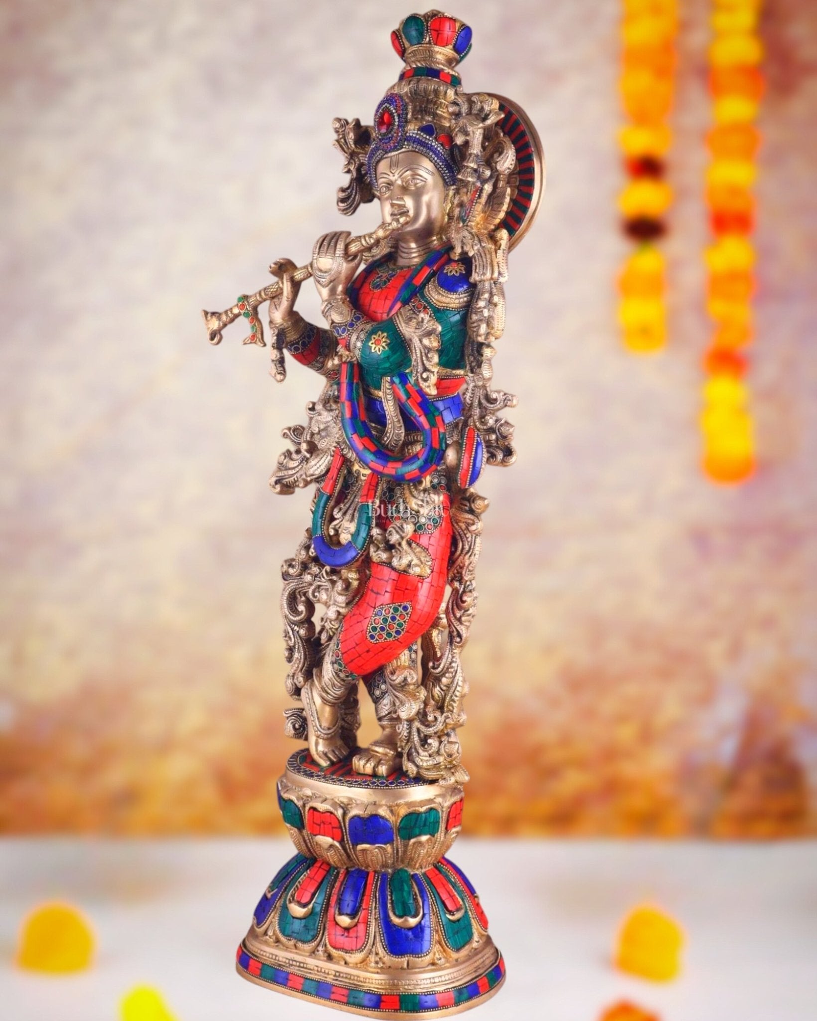 Brass Krishna Idol 30 inch meenakari Stonework - Budhshiv.com
