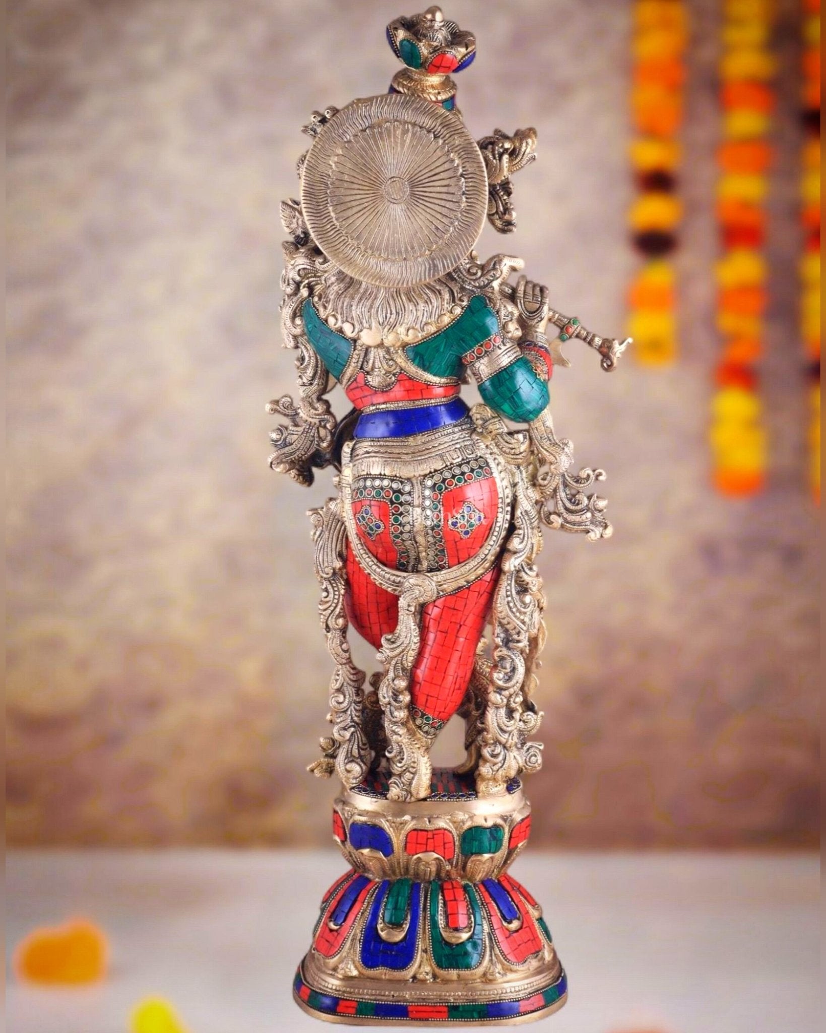 Brass Krishna Idol 30 inch meenakari Stonework - Budhshiv.com
