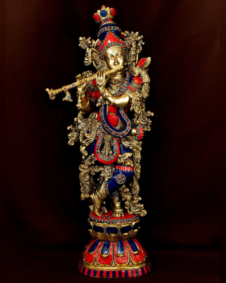 Brass Krishna Idol 30 inch meenakari - Budhshiv.com