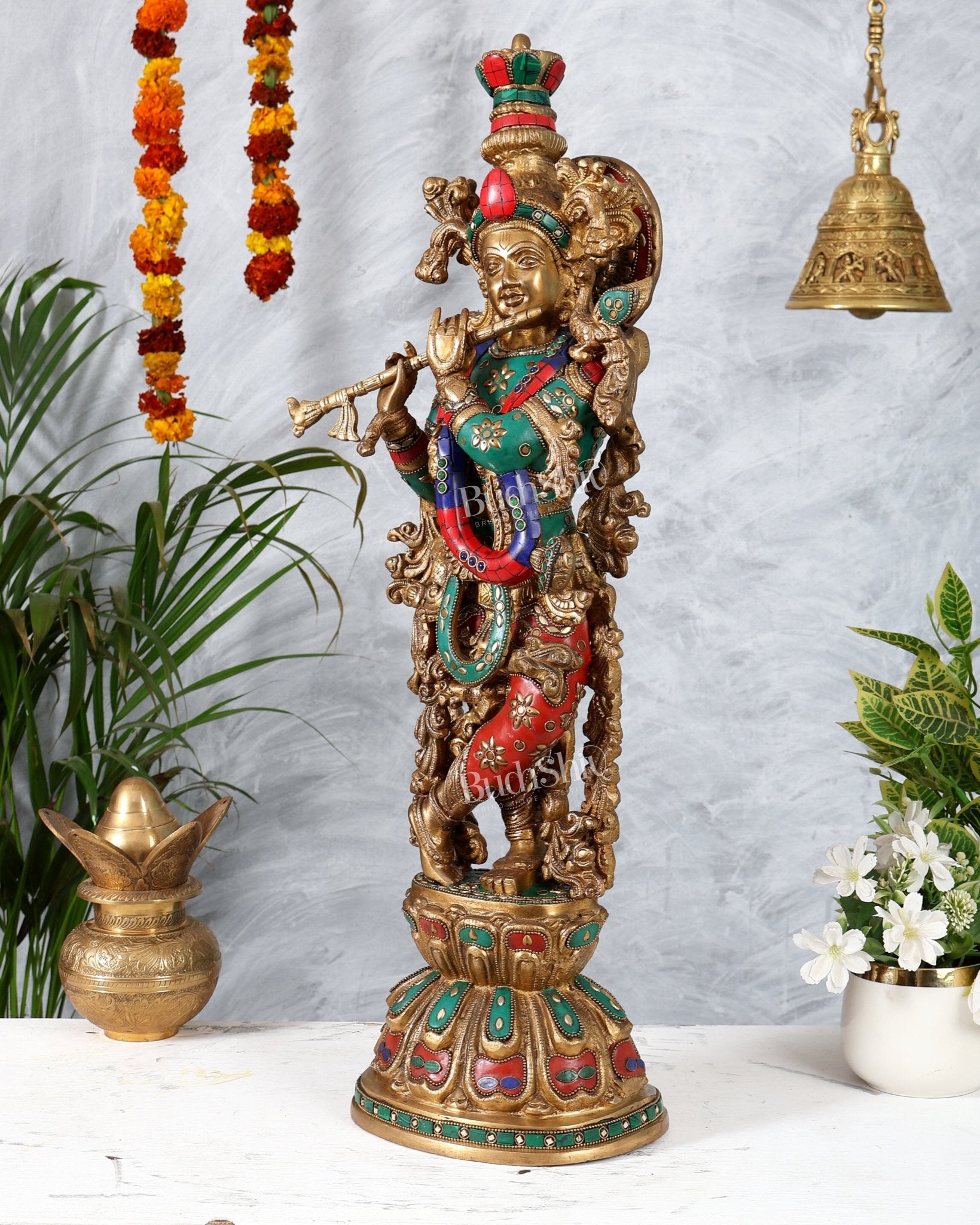 Brass Krishna Playing Flute Statue - 24 Inch - Budhshiv.com