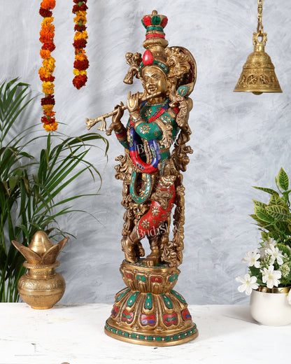 Brass Krishna Playing Flute Statue - 24 Inch - Budhshiv.com