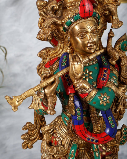 Brass Krishna Playing Flute Statue - 24 Inch - Budhshiv.com