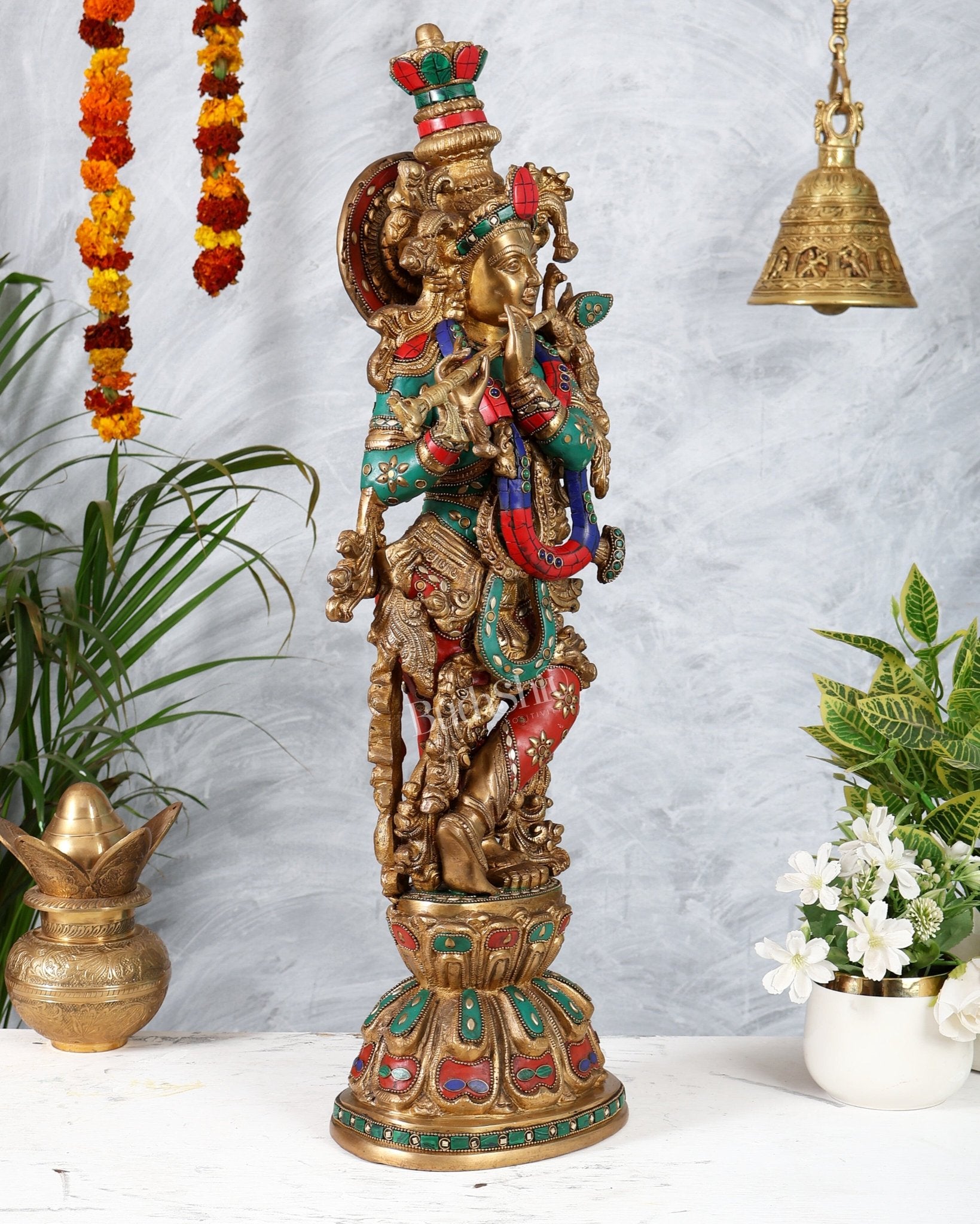 Brass Krishna Playing Flute Statue - 24 Inch - Budhshiv.com