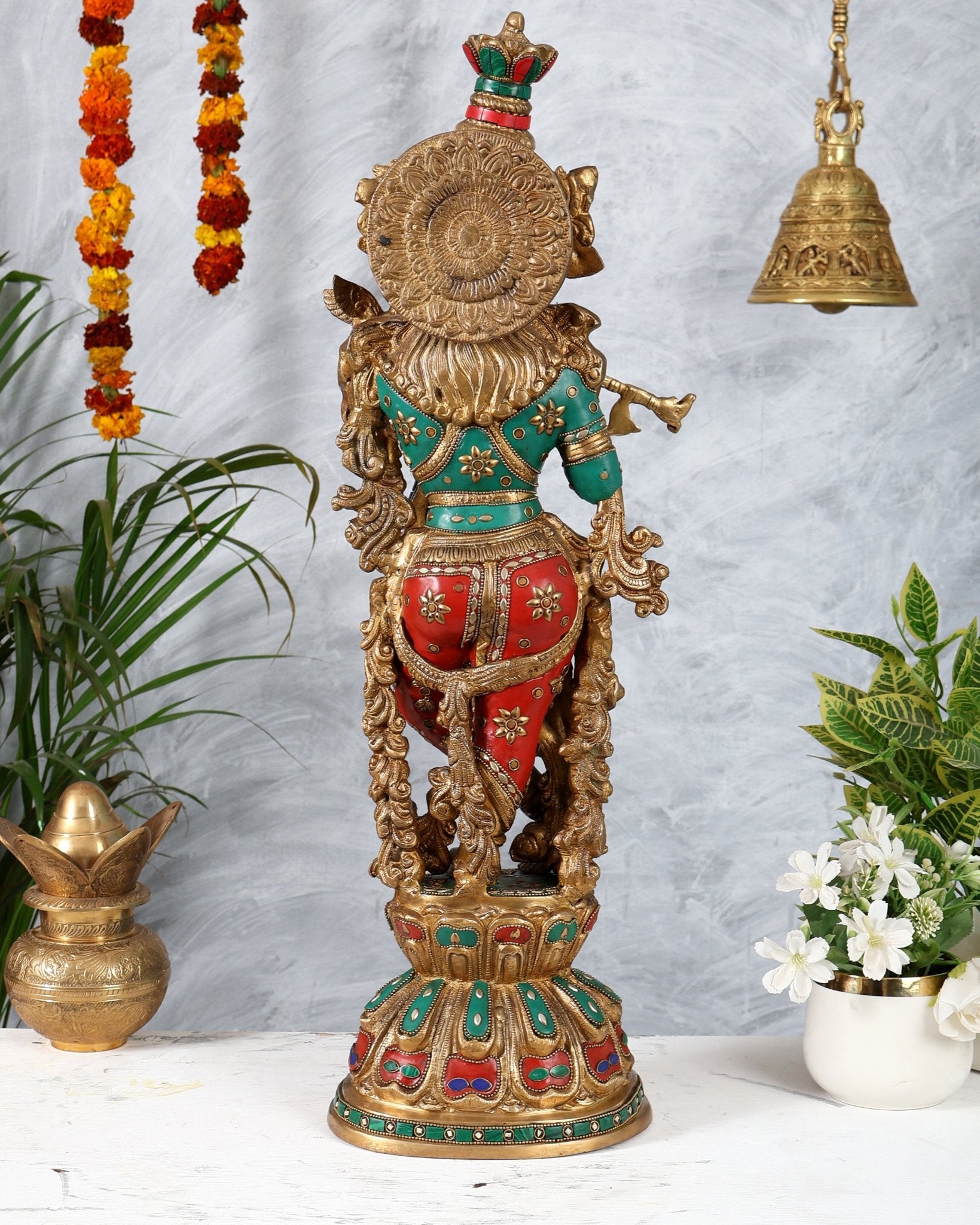Brass Krishna Playing Flute Statue - 24 Inch - Budhshiv.com