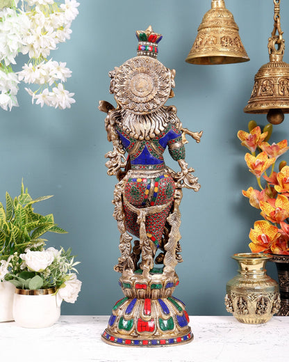 Brass Krishna Playing Flute Statue - 24 Inch - Budhshiv.com