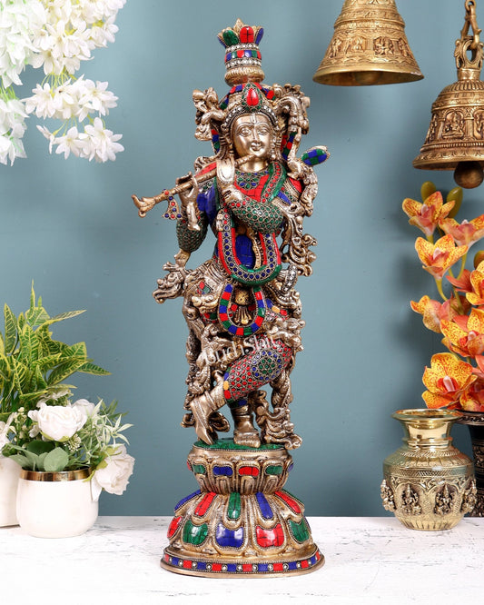 Brass Krishna Playing Flute Statue - 24 Inch - Budhshiv.com