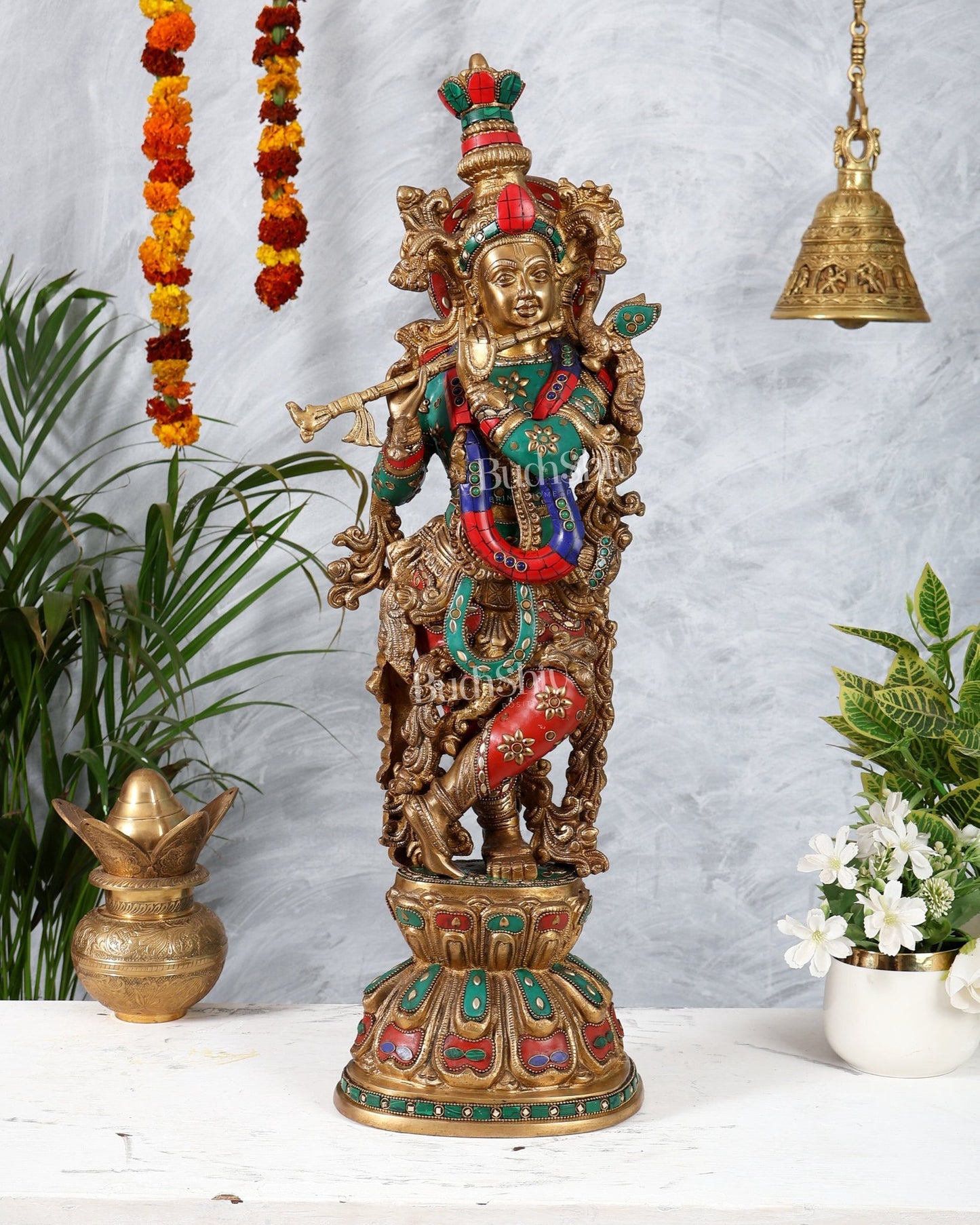 Brass Krishna Playing Flute Statue - 24 Inch - Budhshiv.com