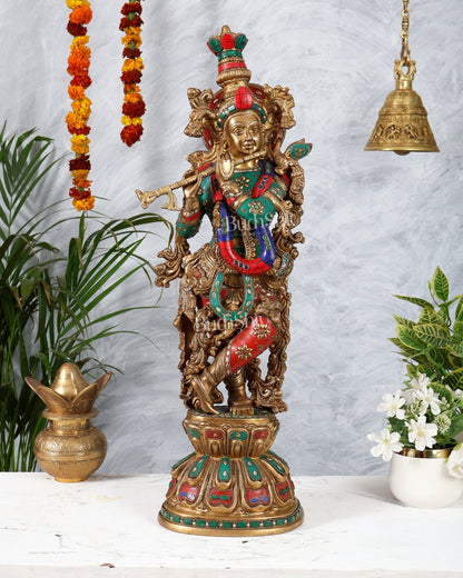 Brass Krishna Playing Flute Statue - 24 Inch - Budhshiv.com