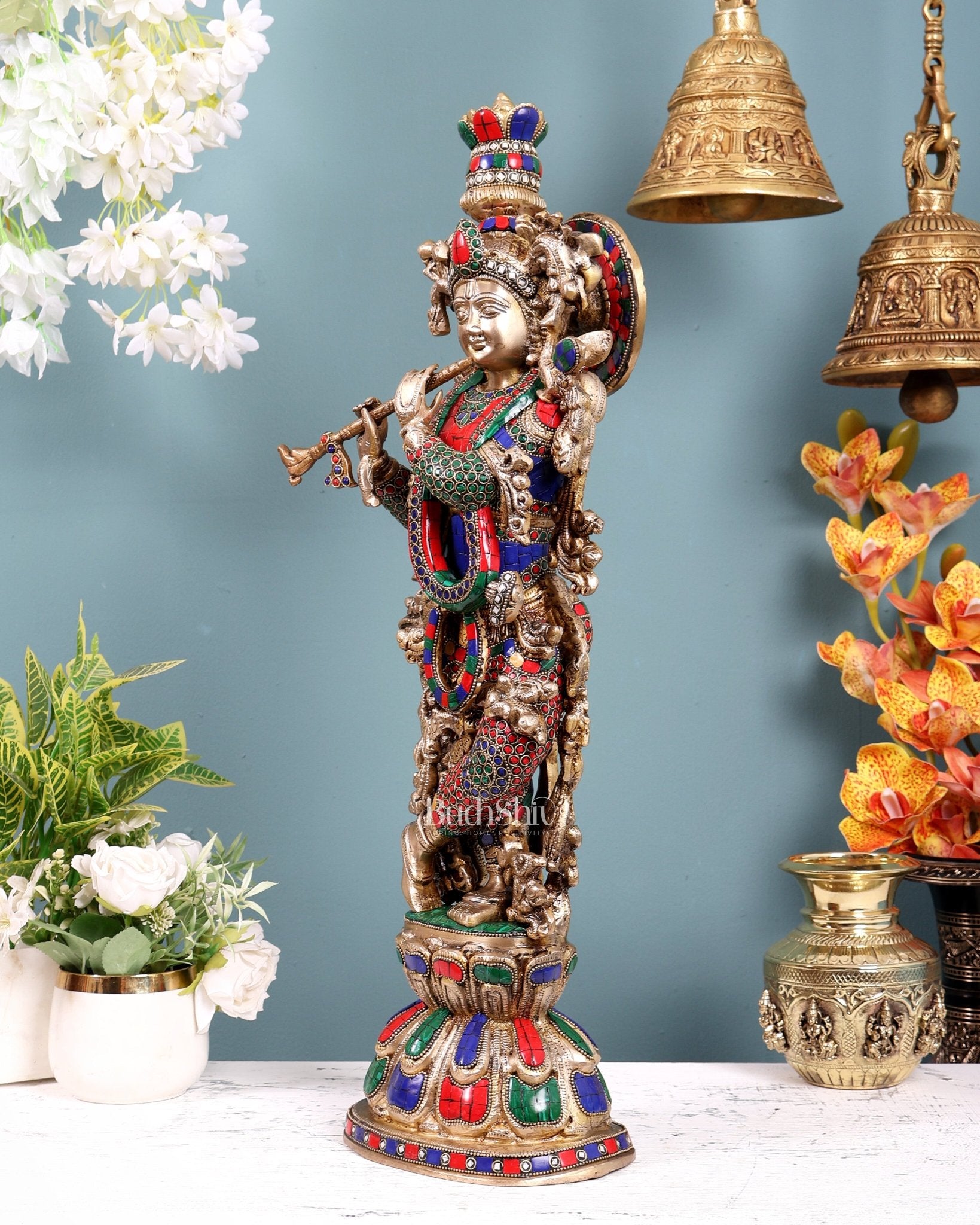 Brass Krishna Playing Flute Statue - 24 Inch - Budhshiv.com