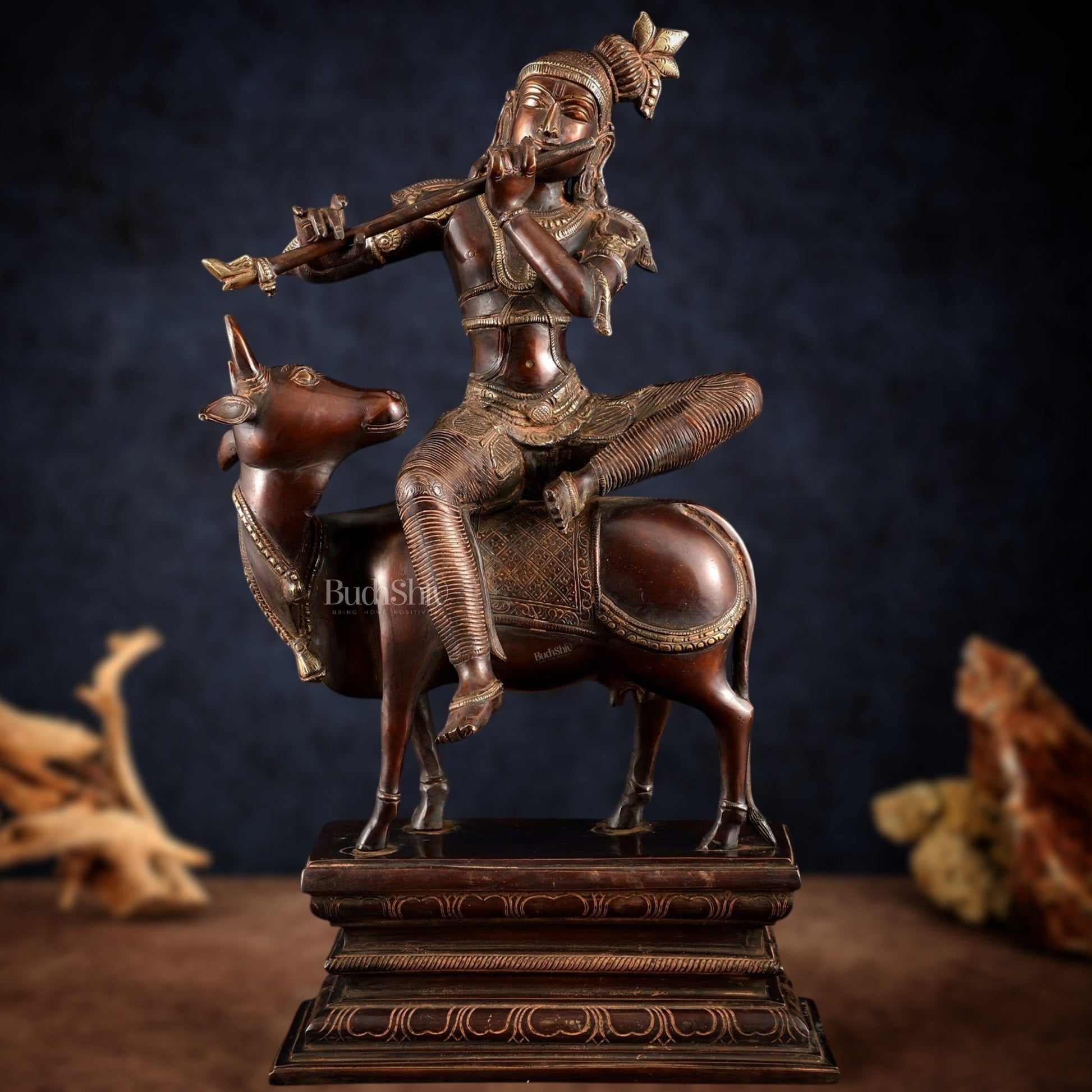Brass Krishna Seated on Cow Statue Vintage Copper tone | 21" - Budhshiv.com