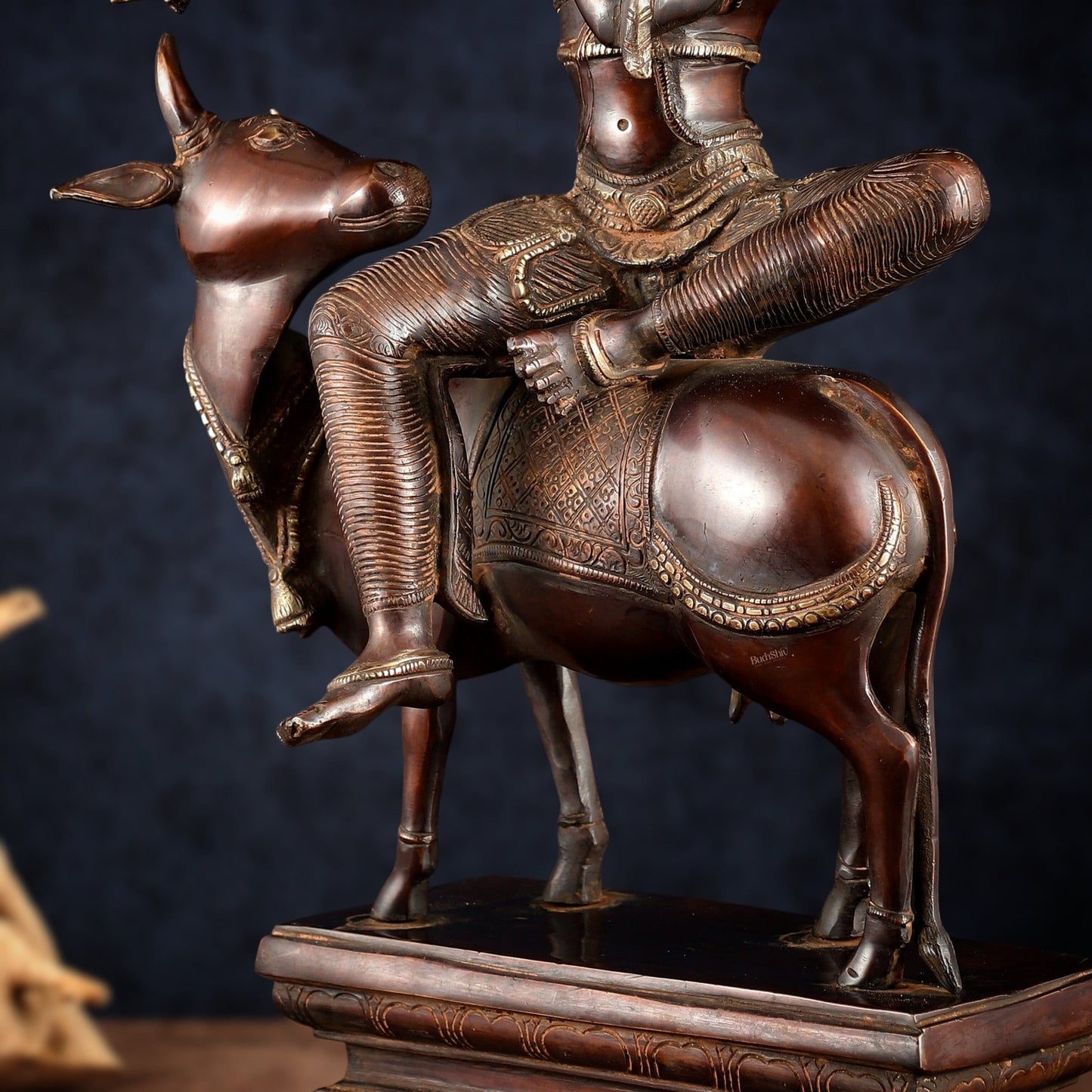 Brass Krishna Seated on Cow Statue Vintage Copper tone | 21" - Budhshiv.com