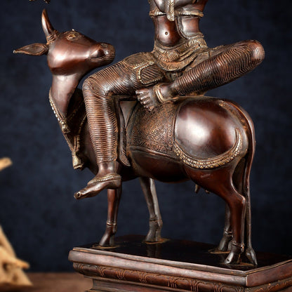 Brass Krishna Seated on Cow Statue Vintage Copper tone | 21" - Budhshiv.com