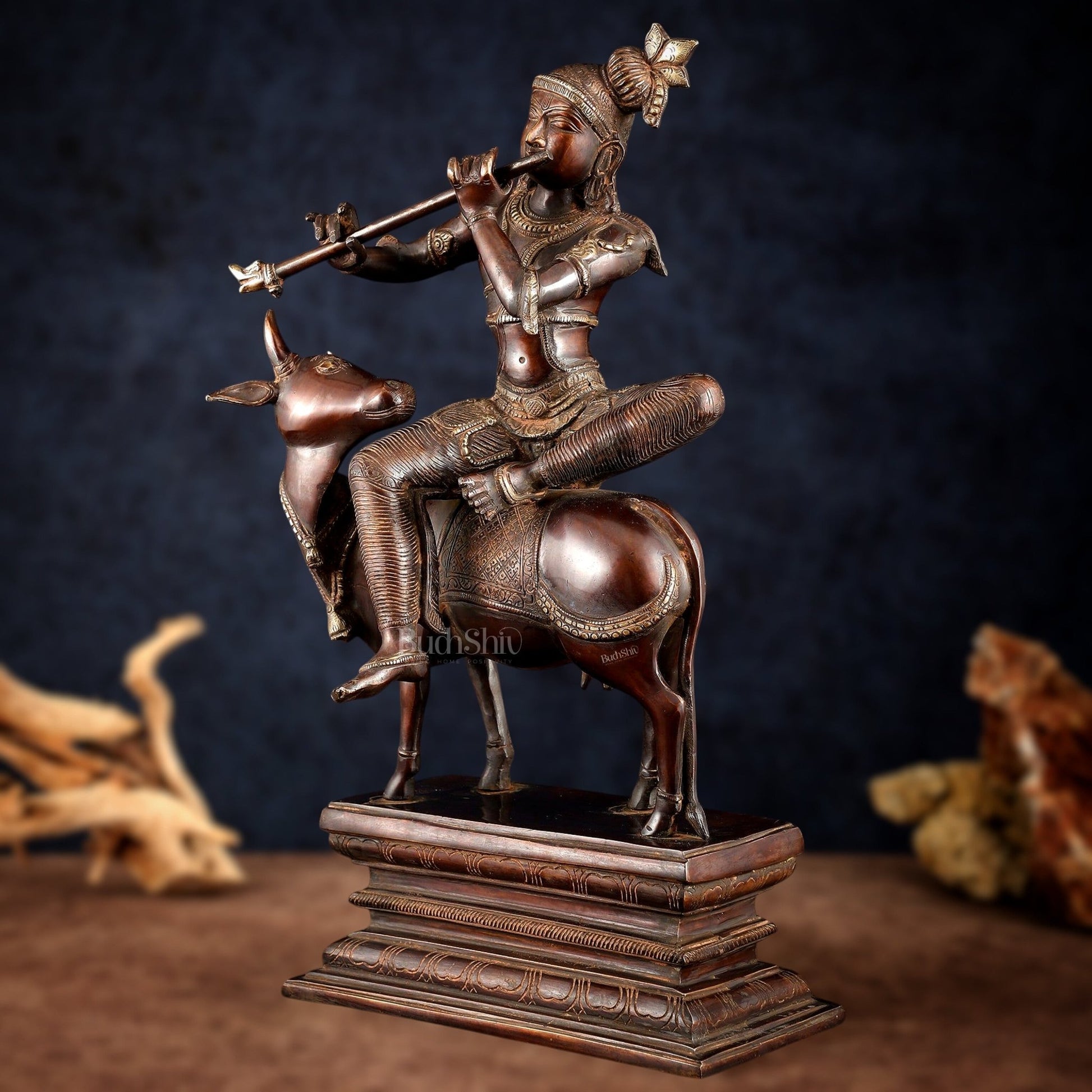 Brass Krishna Seated on Cow Statue Vintage Copper tone | 21" - Budhshiv.com