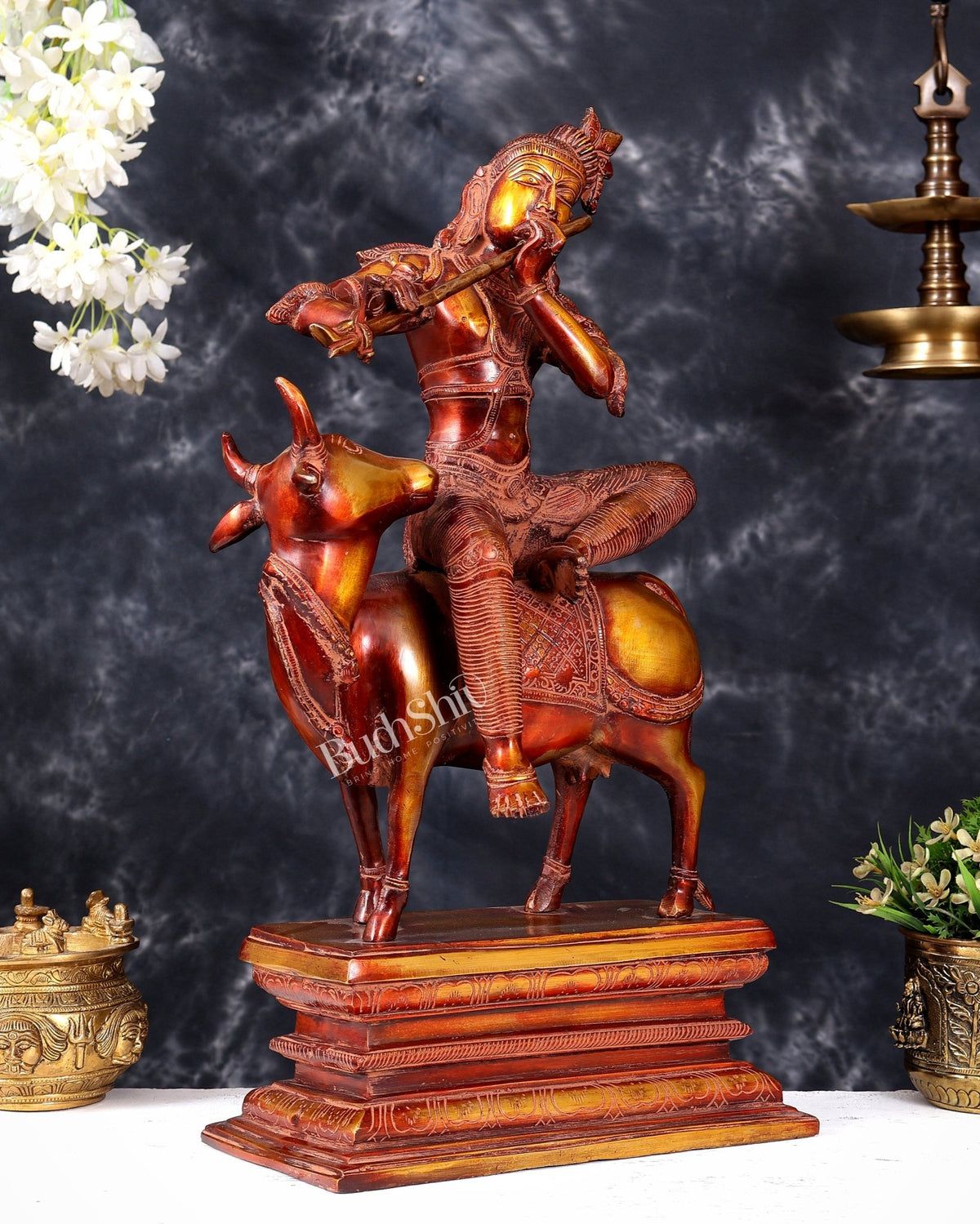 Brass Krishna sitting on Cow Statue| 21 inch fiery red finish - Budhshiv.com