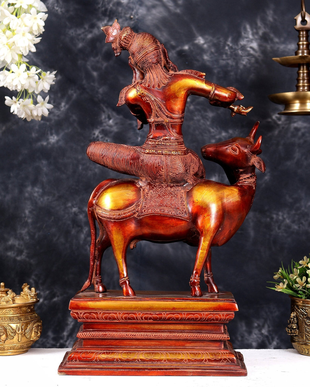 Brass Krishna sitting on Cow Statue| 21 inch fiery red finish - Budhshiv.com