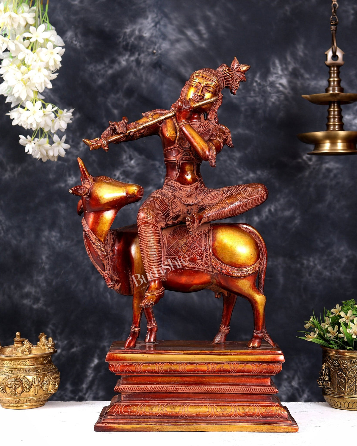 Brass Krishna sitting on Cow Statue| 21 inch fiery red finish - Budhshiv.com