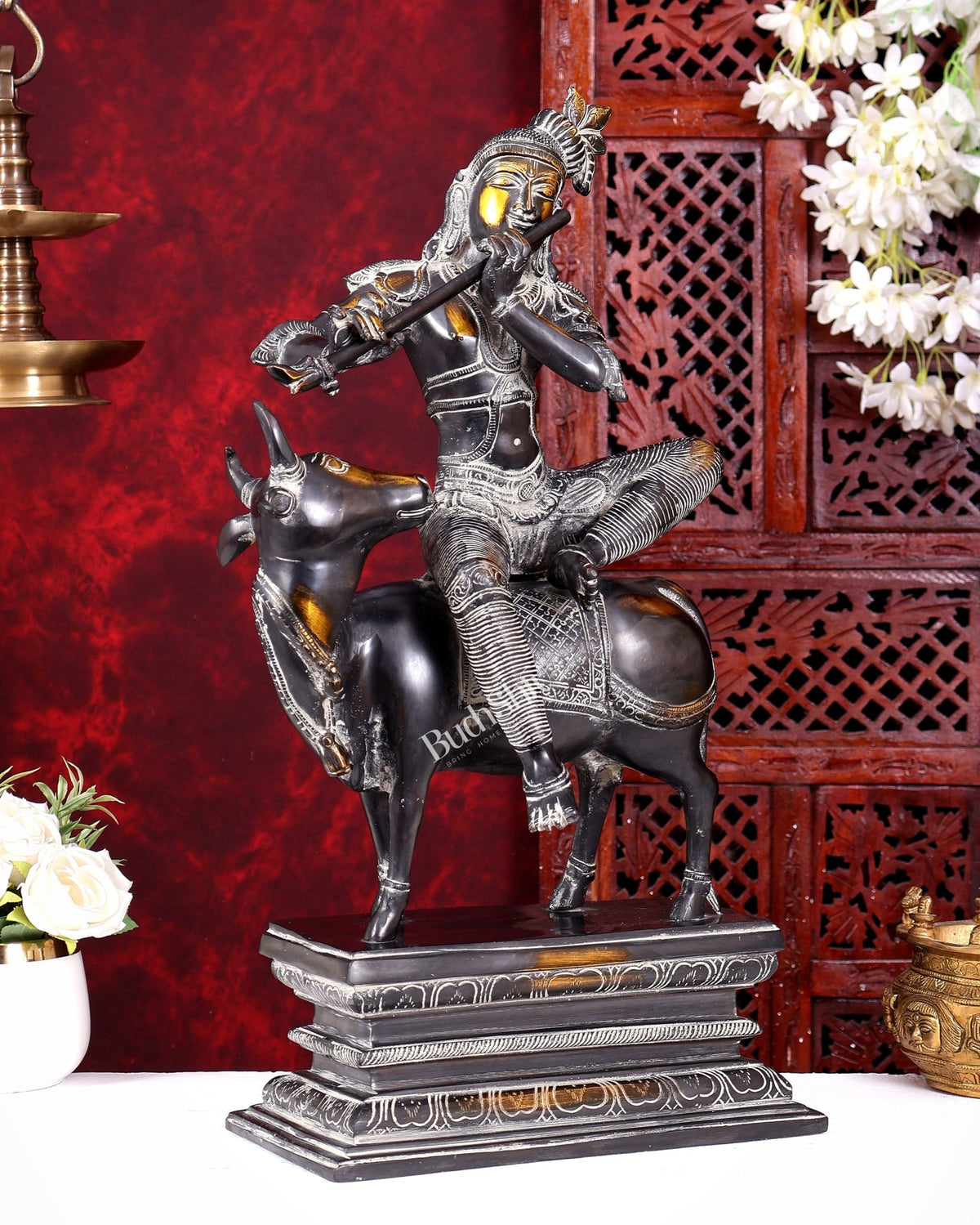 Brass Krishna sitting on Cow Statue| 21 inch grey black tone - Budhshiv.com