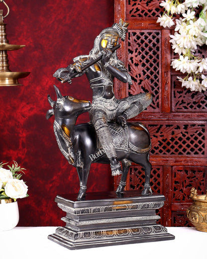 Brass Krishna sitting on Cow Statue| 21 inch grey black tone - Budhshiv.com