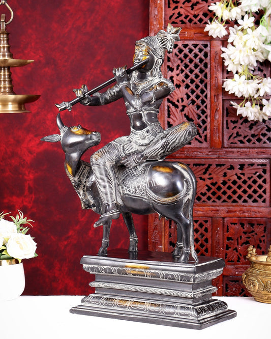 Brass Krishna sitting on Cow Statue| 21 inch grey black tone - Budhshiv.com